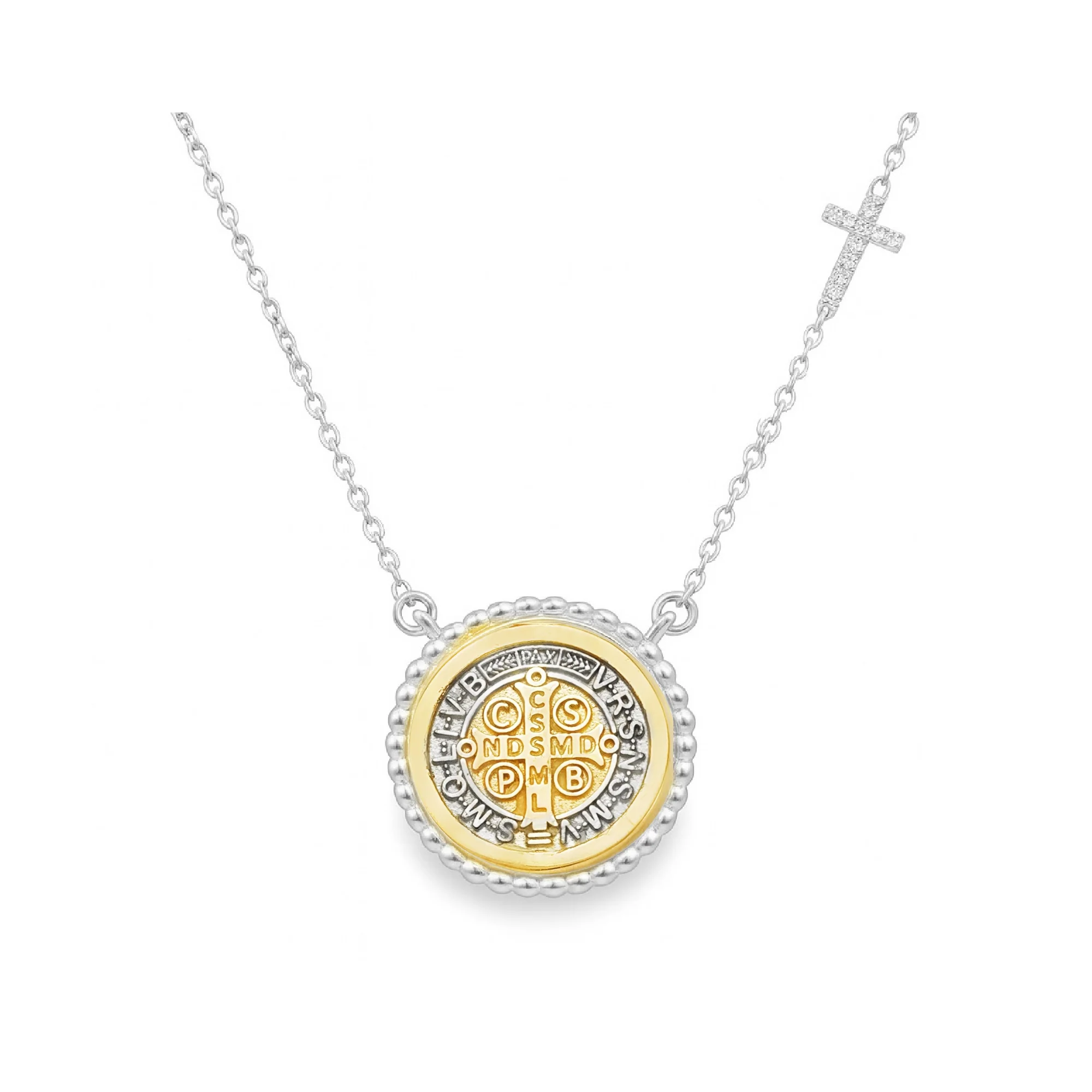 Beaded Border Saint Benedict Medal with Mini Diamond Accent Cross Necklace - Image 8
