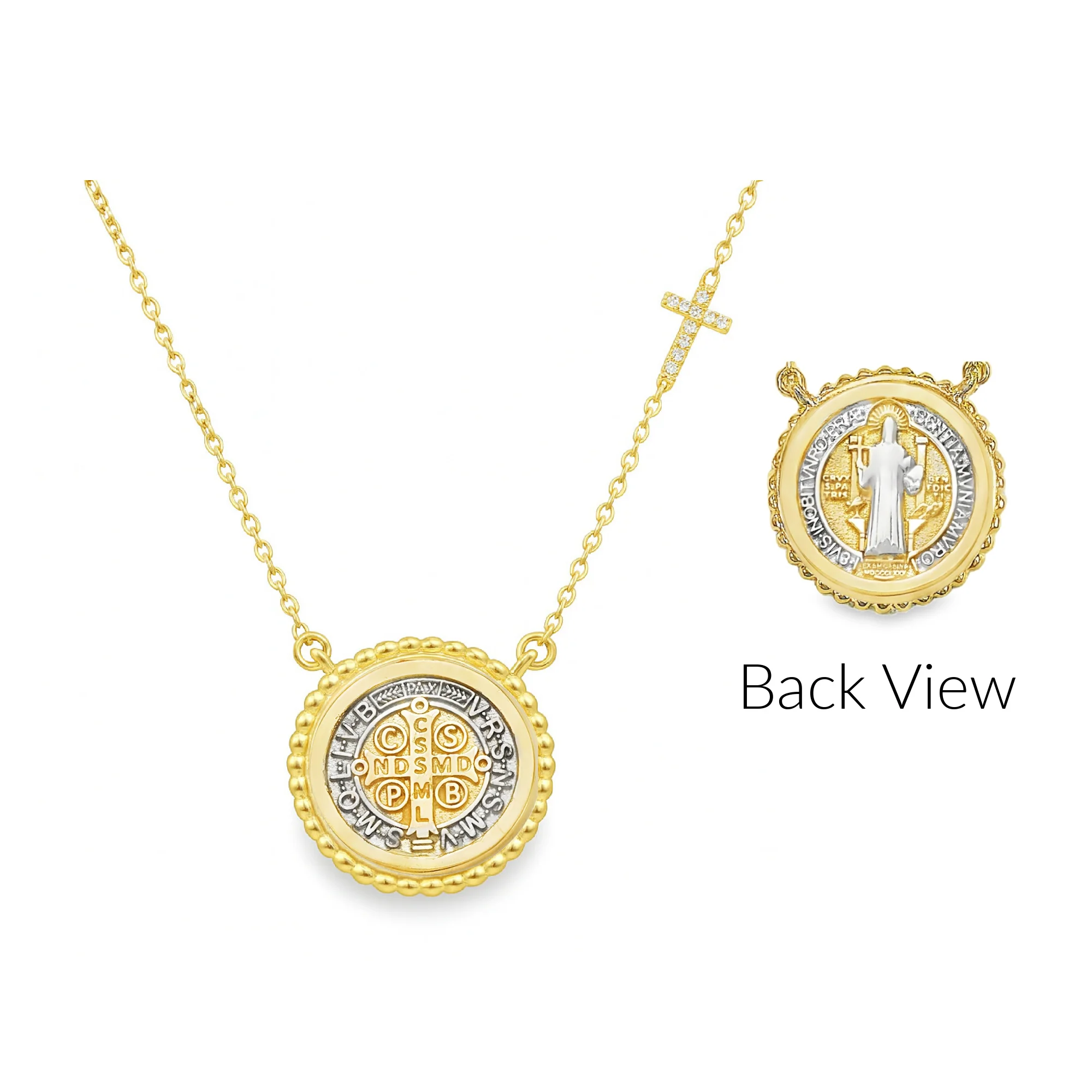 Beaded Border Saint Benedict Medal with Mini Diamond Accent Cross Necklace - Image 9