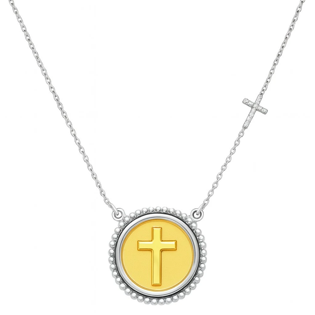Beaded Cross Medal Necklace with Diamond Accent Cross - Image 4