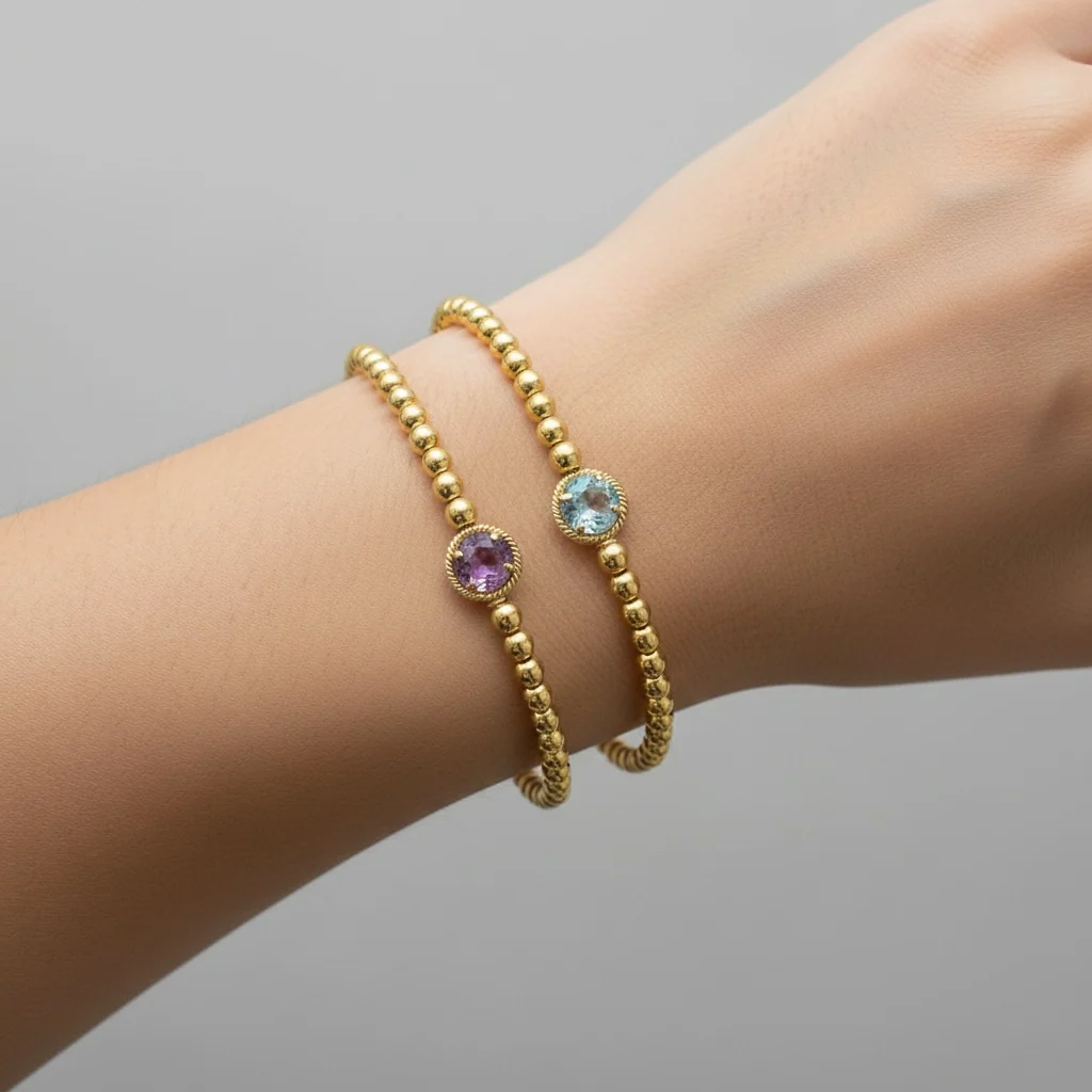 Beaded Elastic Bracelet with Amethyst or Blue Topaz Center - Image 2