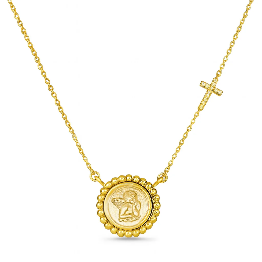 Beaded Halo Cherubim Angel Medal Diamond Accent Cross Necklace