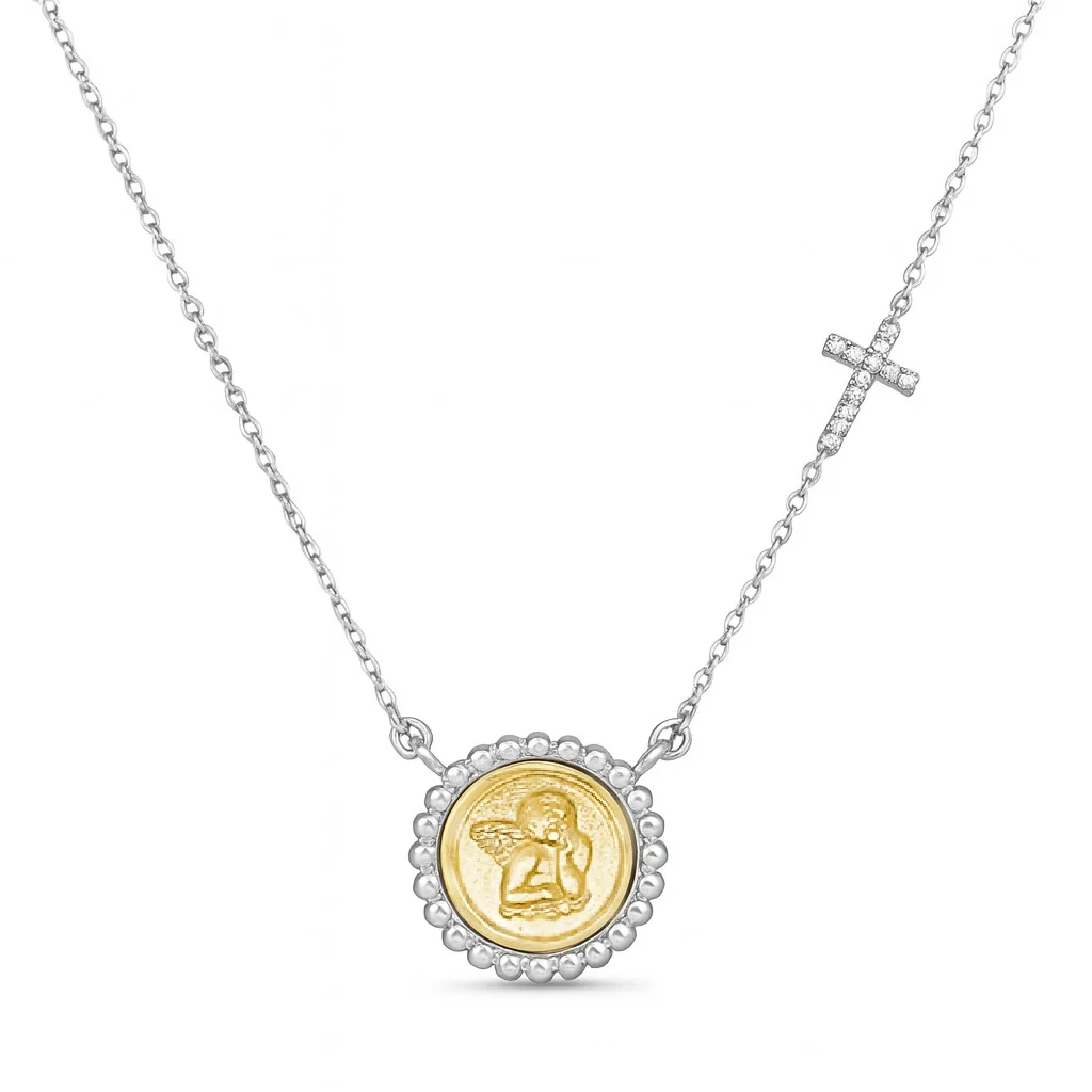 Beaded Halo Cherubim Angel Medal Diamond Accent Cross Necklace - Image 2
