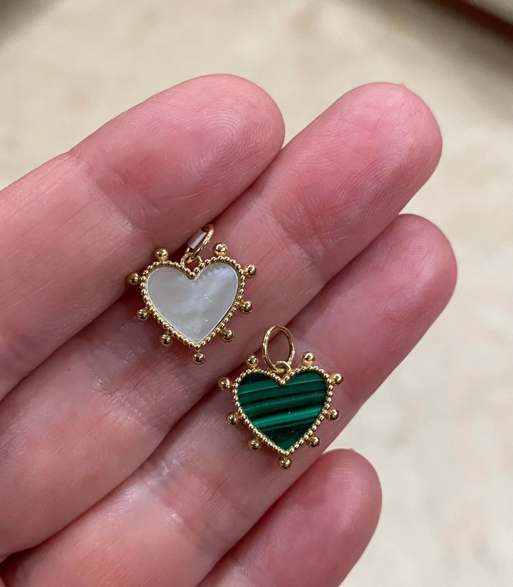 Beaded Mother of Pearl or Malachite Heart Pendant Charm - Image 4