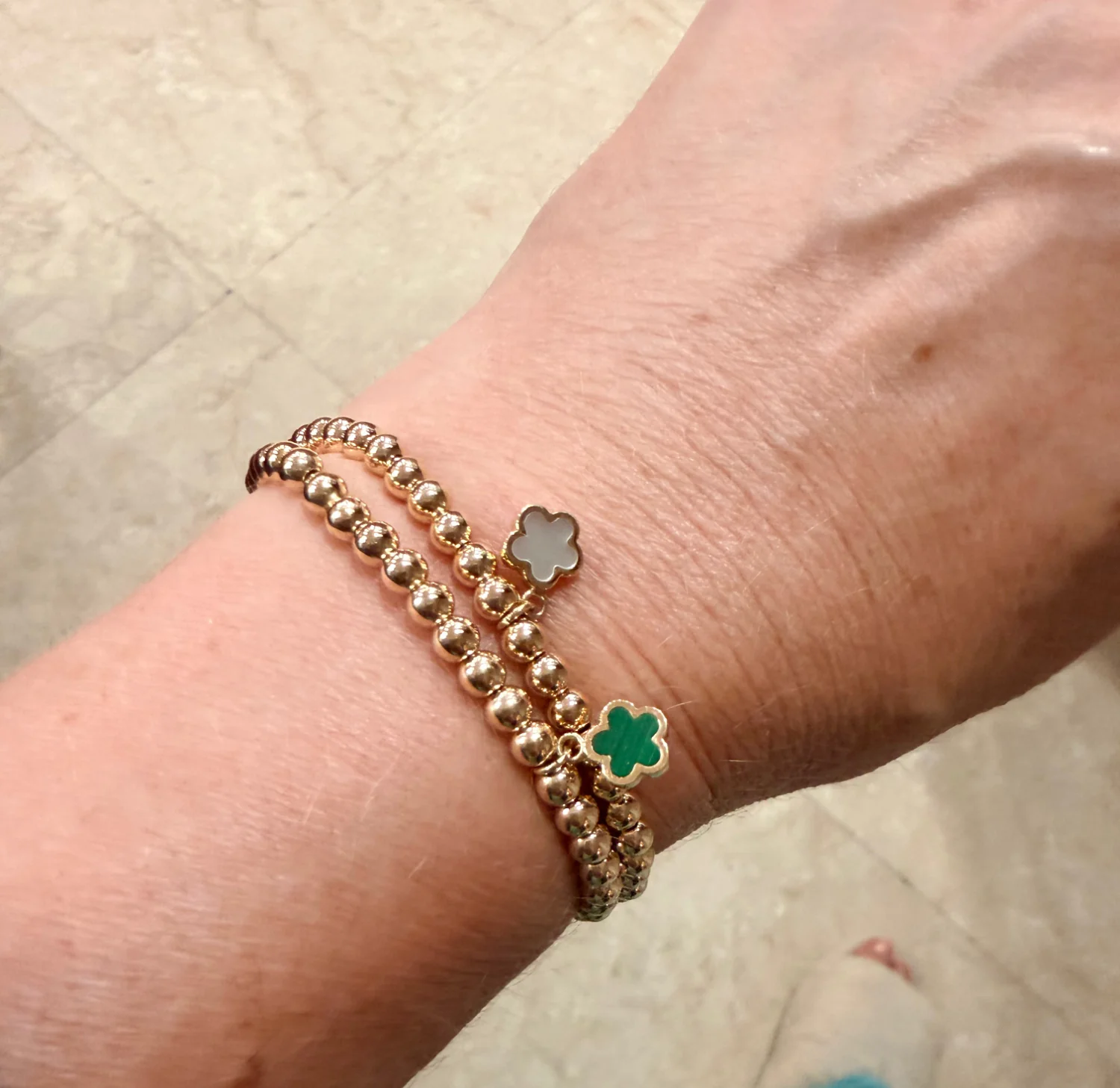 Beaded Mother of Pearl or Malachite Flower Dangle Charm Elastic Bracelet - Image 2