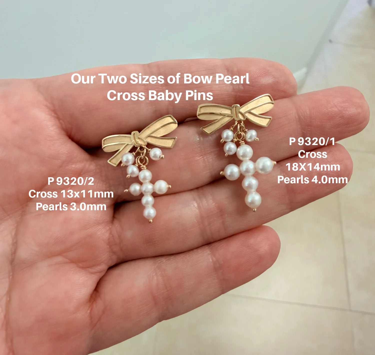 14K Yellow Gold Bow Baby Pin with 13mm Pearl Cross Dangle - Image 4