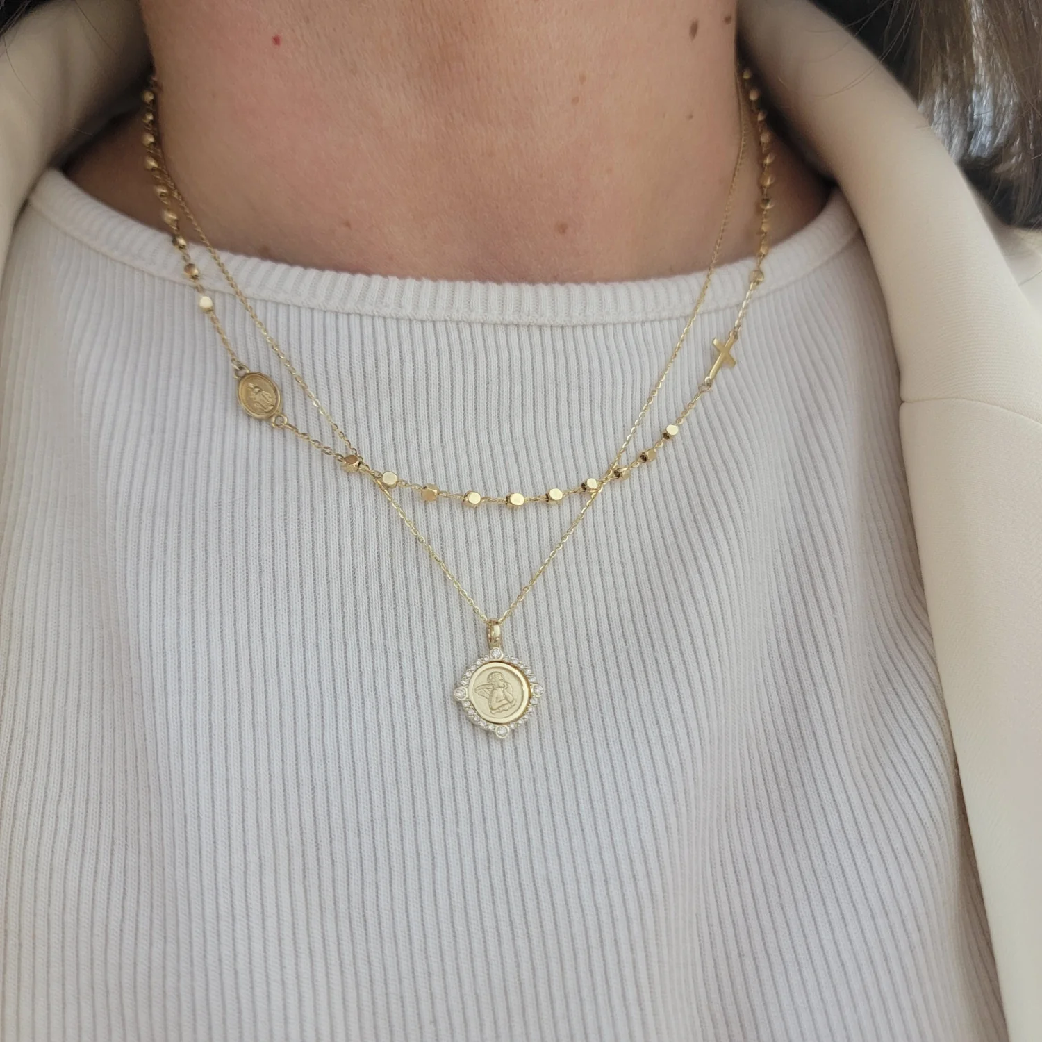 Cardinal Diamond Halo Cherubim Angel Medal Necklace - Image 3
