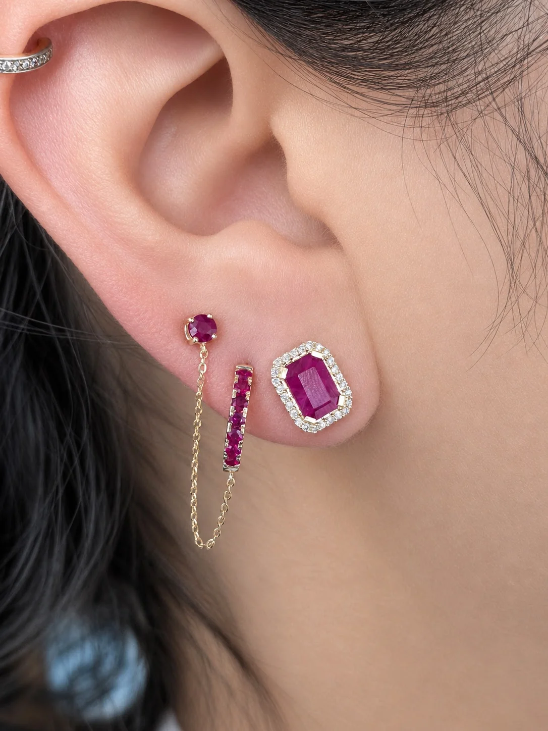 Emerald-Cut Color Stone Diamond Halo Earrings - Image 4