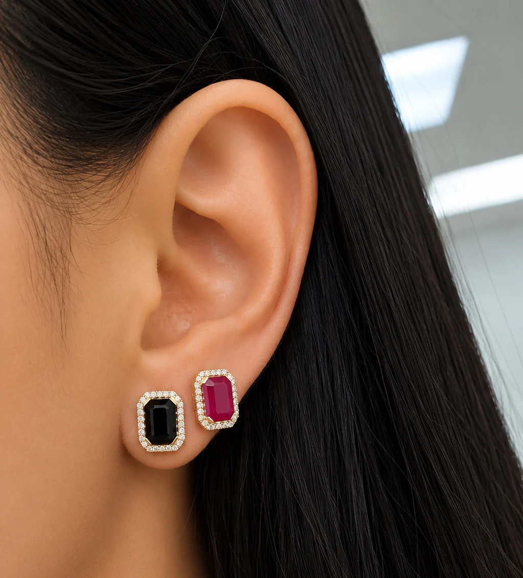 Emerald-Cut Color Stone Diamond Halo Earrings - Image 5