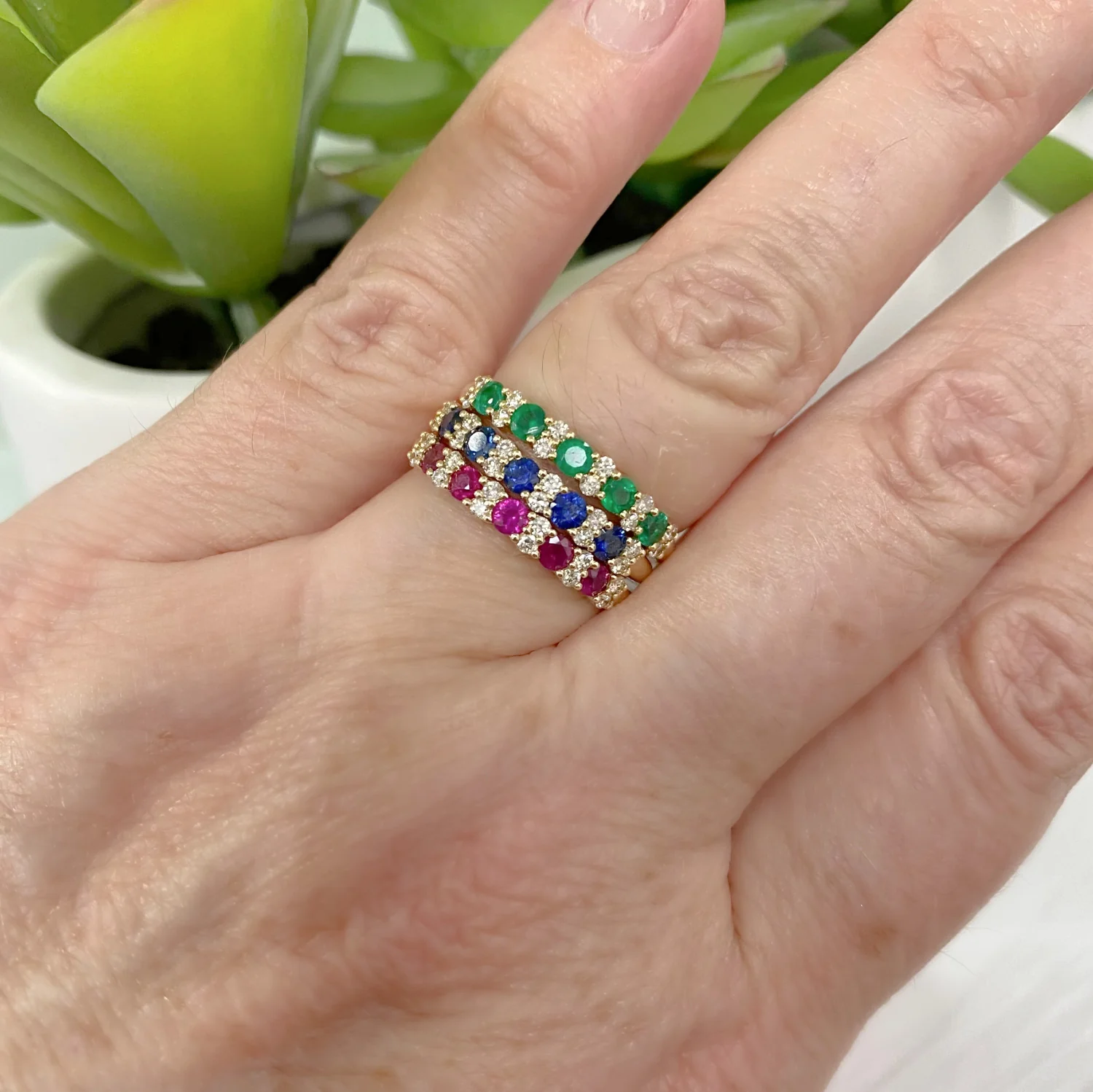 Color Stone And Diamond Station Band Ring - Image 6