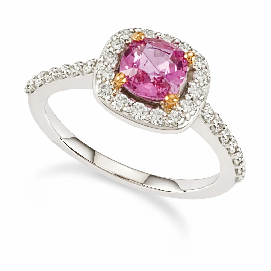 Halo Pink Cushion Cut Sapphire Gemstone on Diamond Ring 18K White Gold
