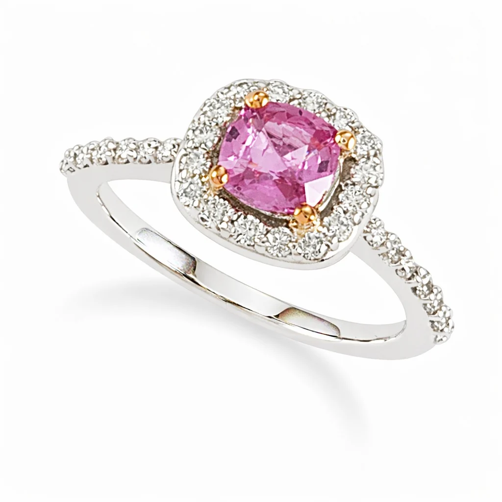 Halo Pink Cushion Cut Sapphire Gemstone on Diamond Ring 18K White Gold - Image 2