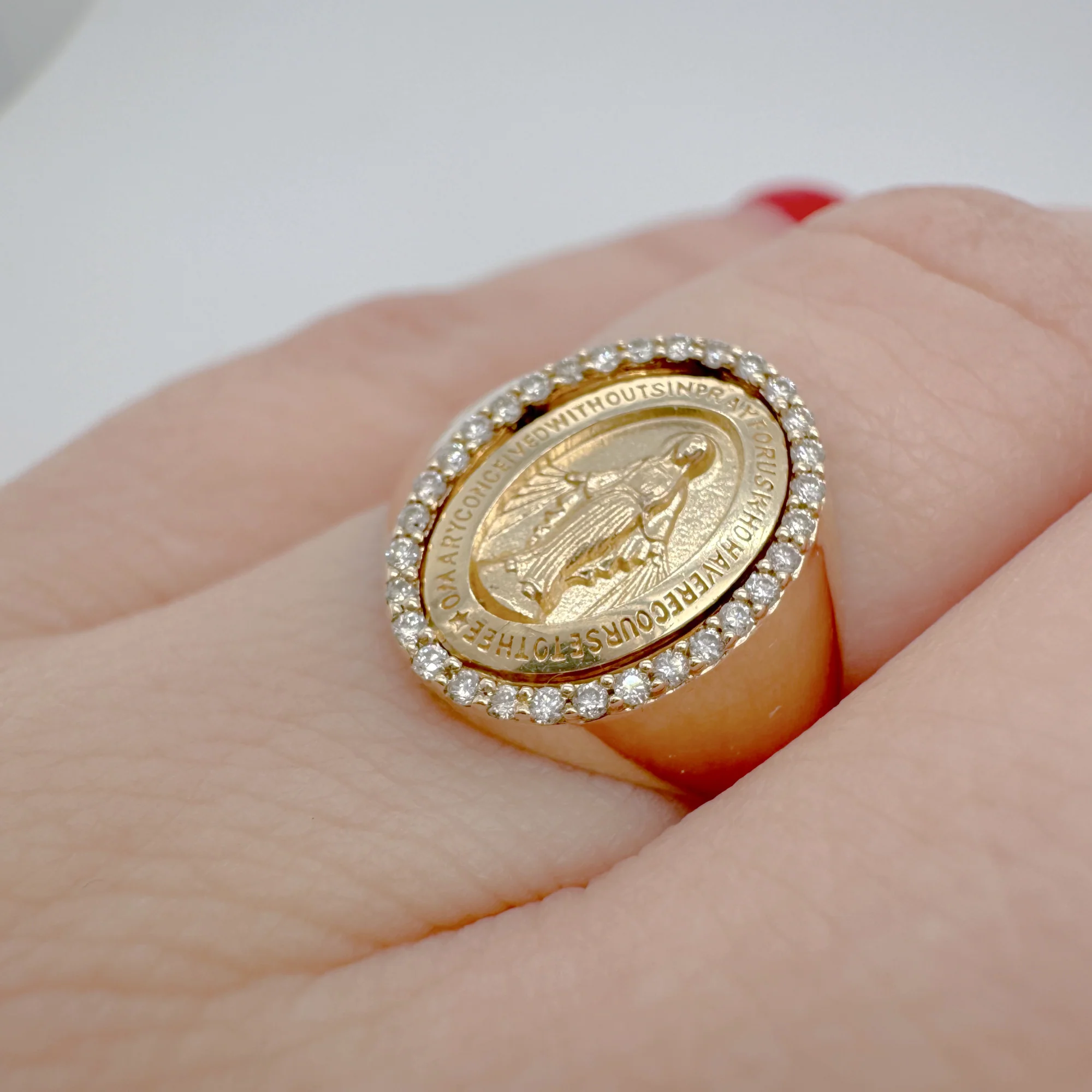 Dainty Diamond Miraculous Medal Signet Ring - Image 3