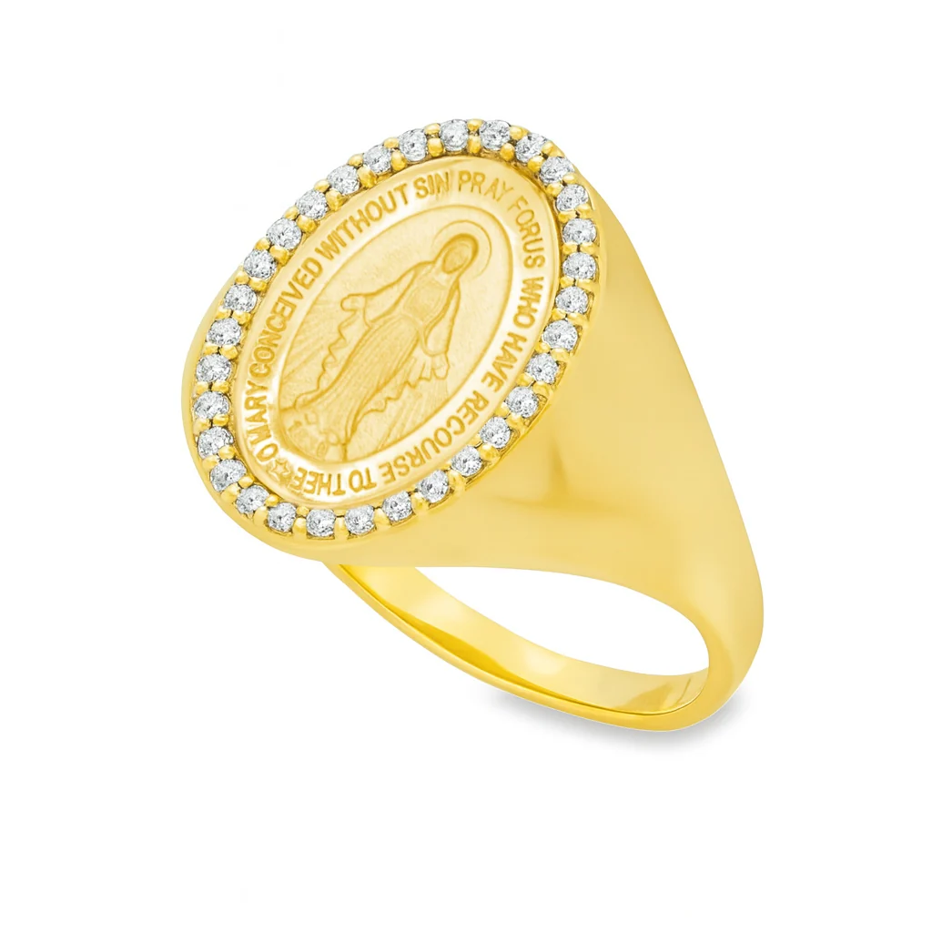 Dainty Diamond Miraculous Medal Signet Ring - Image 4