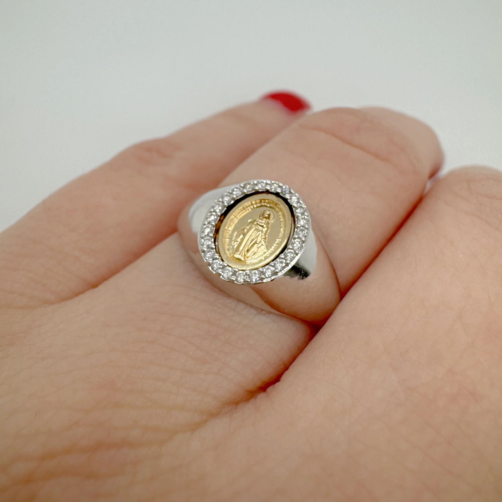 Dainty Mini Diamond Miraculous Medal Signet Ring - Image 2