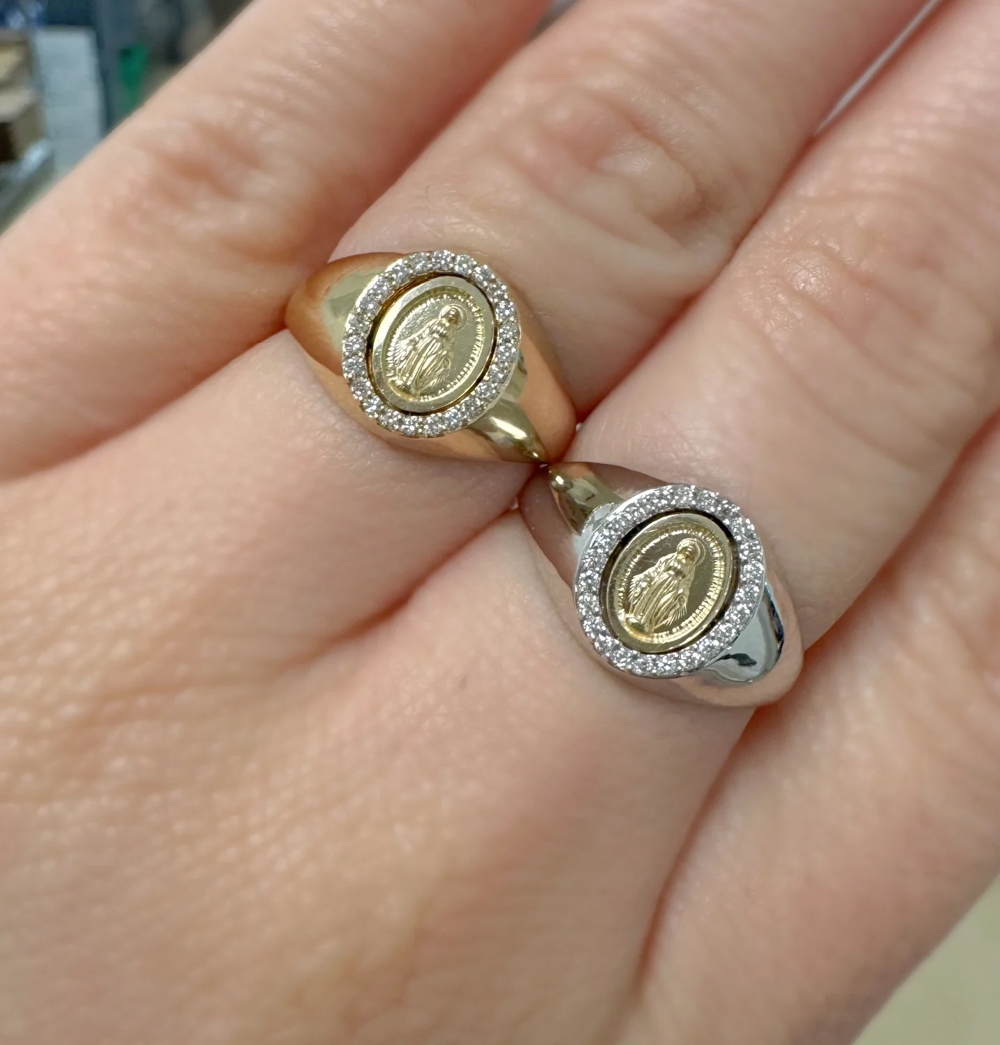 Dainty Mini Diamond Miraculous Medal Signet Ring - Image 3
