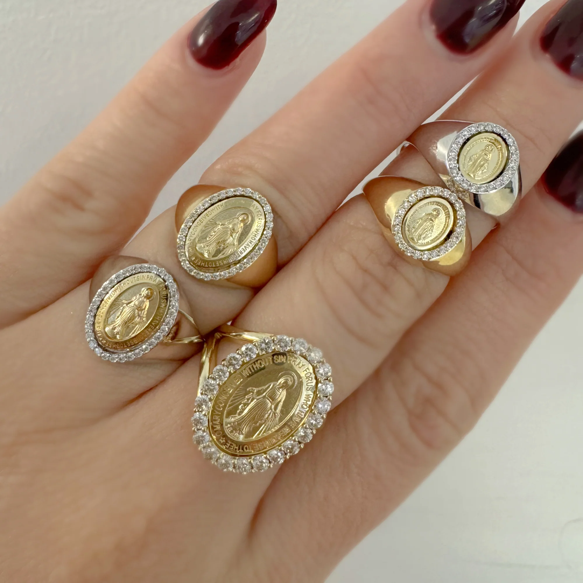 Dainty Diamond Miraculous Medal Signet Ring - Image 7