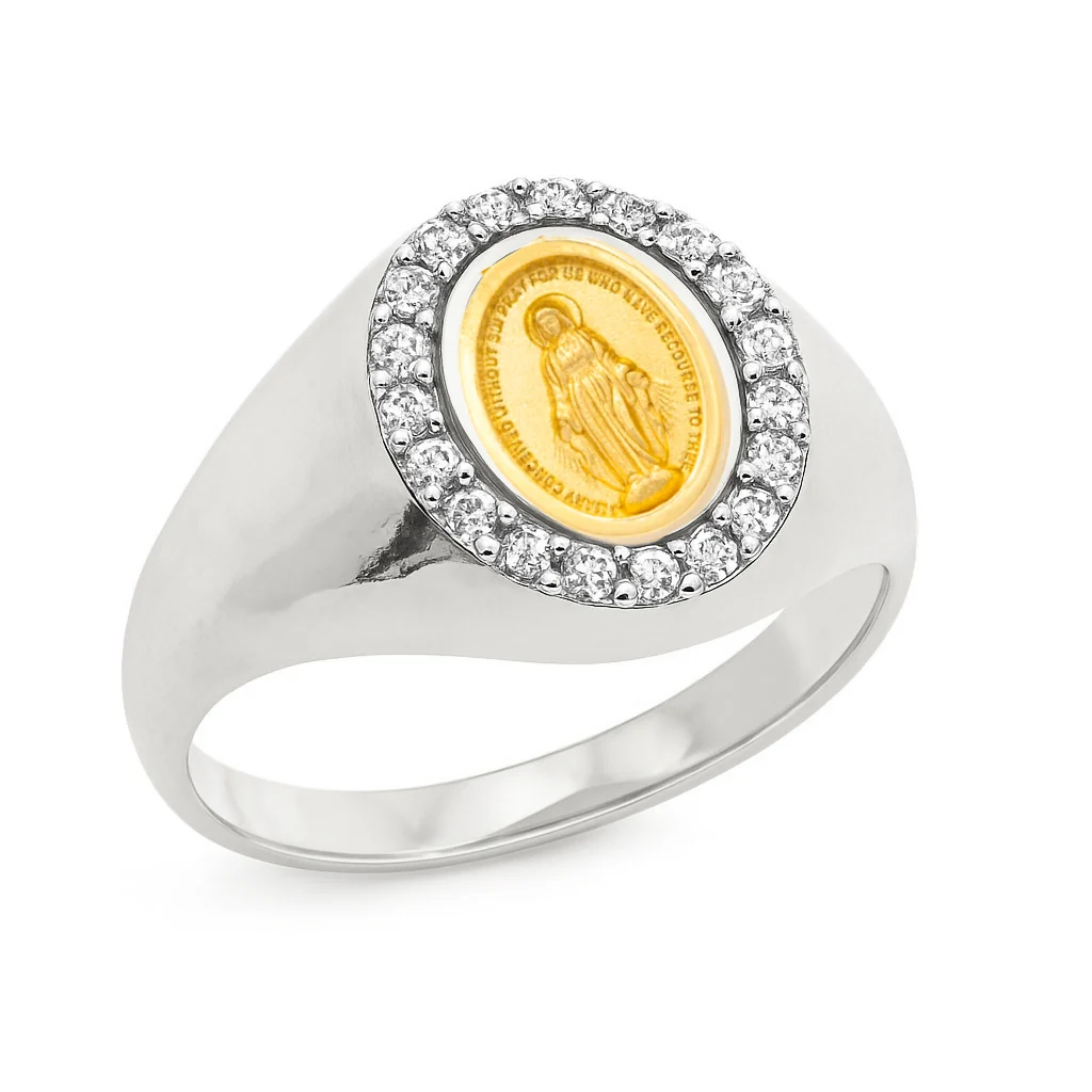 Dainty Mini Diamond Miraculous Medal Signet Ring - Image 7