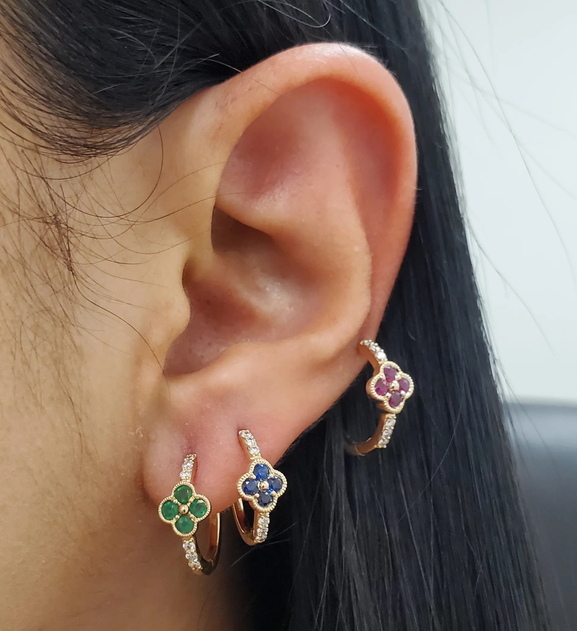Diamond and Color Stone Clover Huggie Hoop Earrings - Image 3