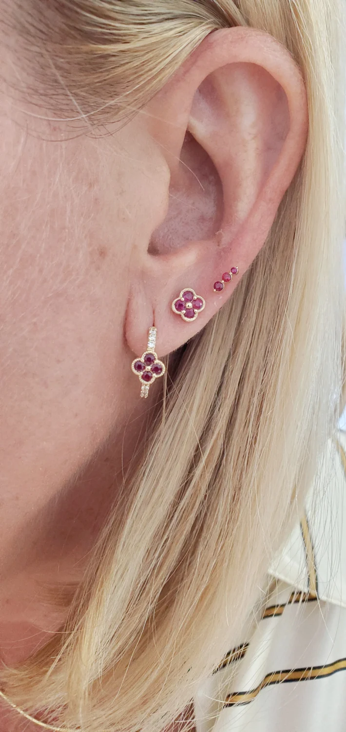 Diamond and Color Stone Clover Huggie Hoop Earrings - Image 4
