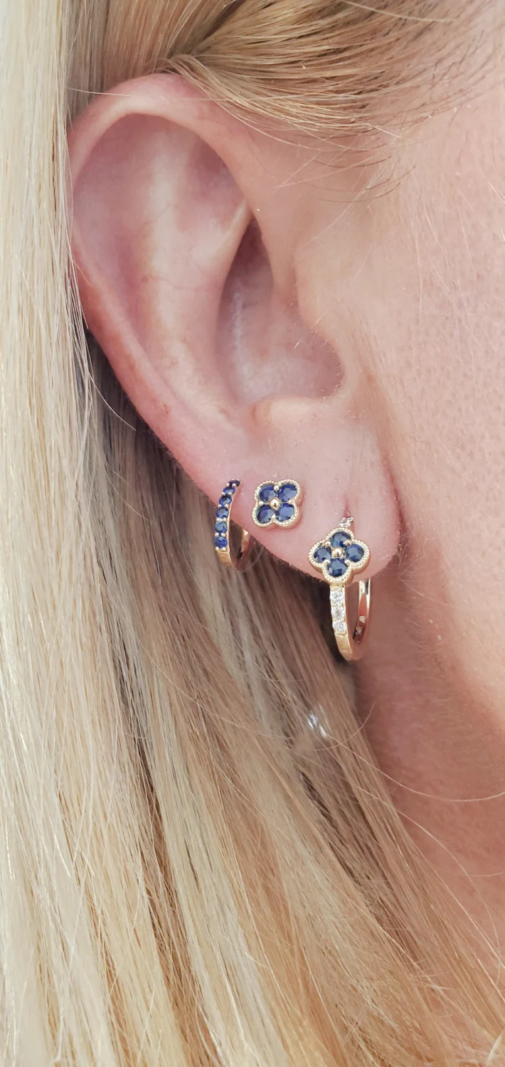 Diamond and Color Stone Clover Huggie Hoop Earrings - Image 5