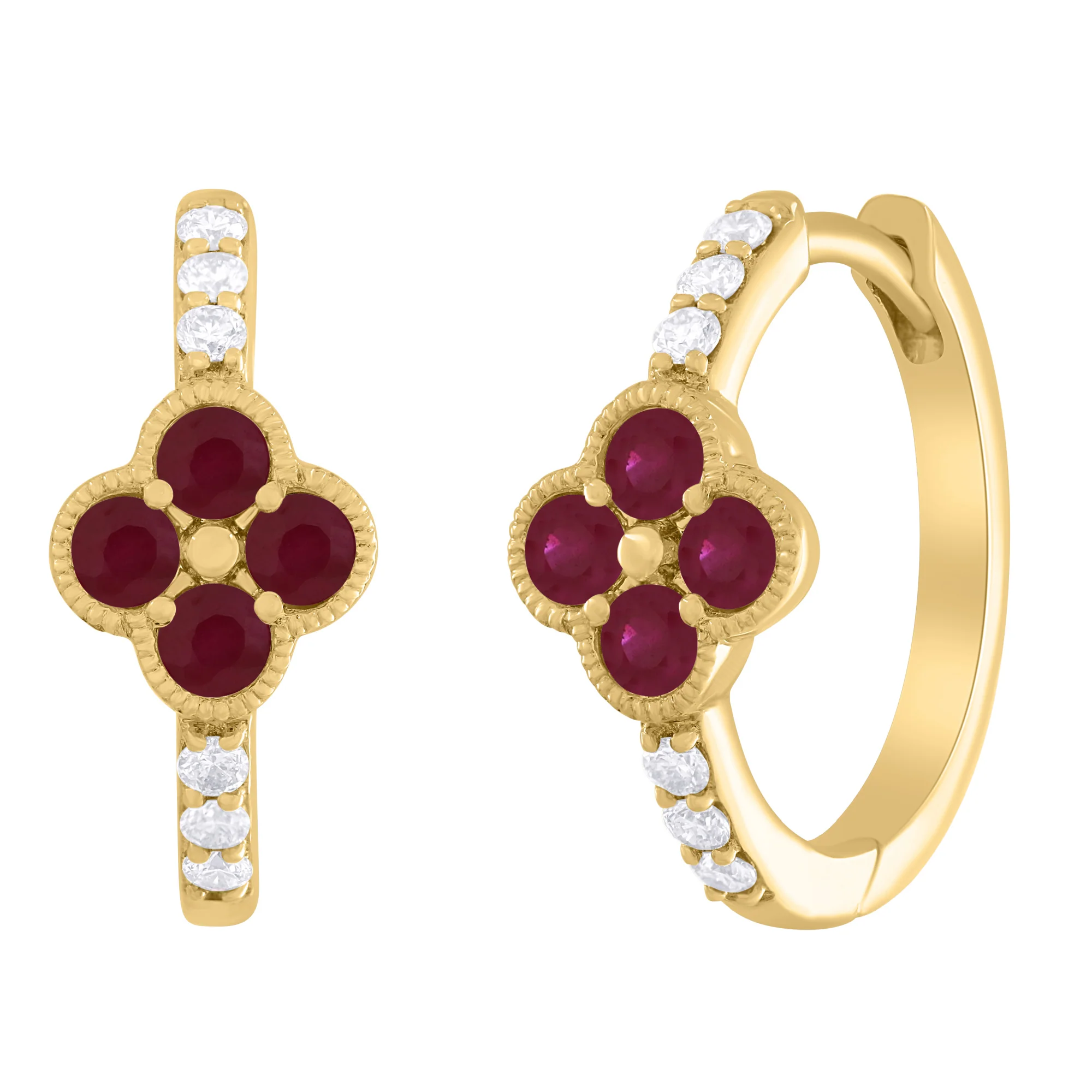 Diamond and Color Stone Clover Huggie Hoop Earrings - Image 6