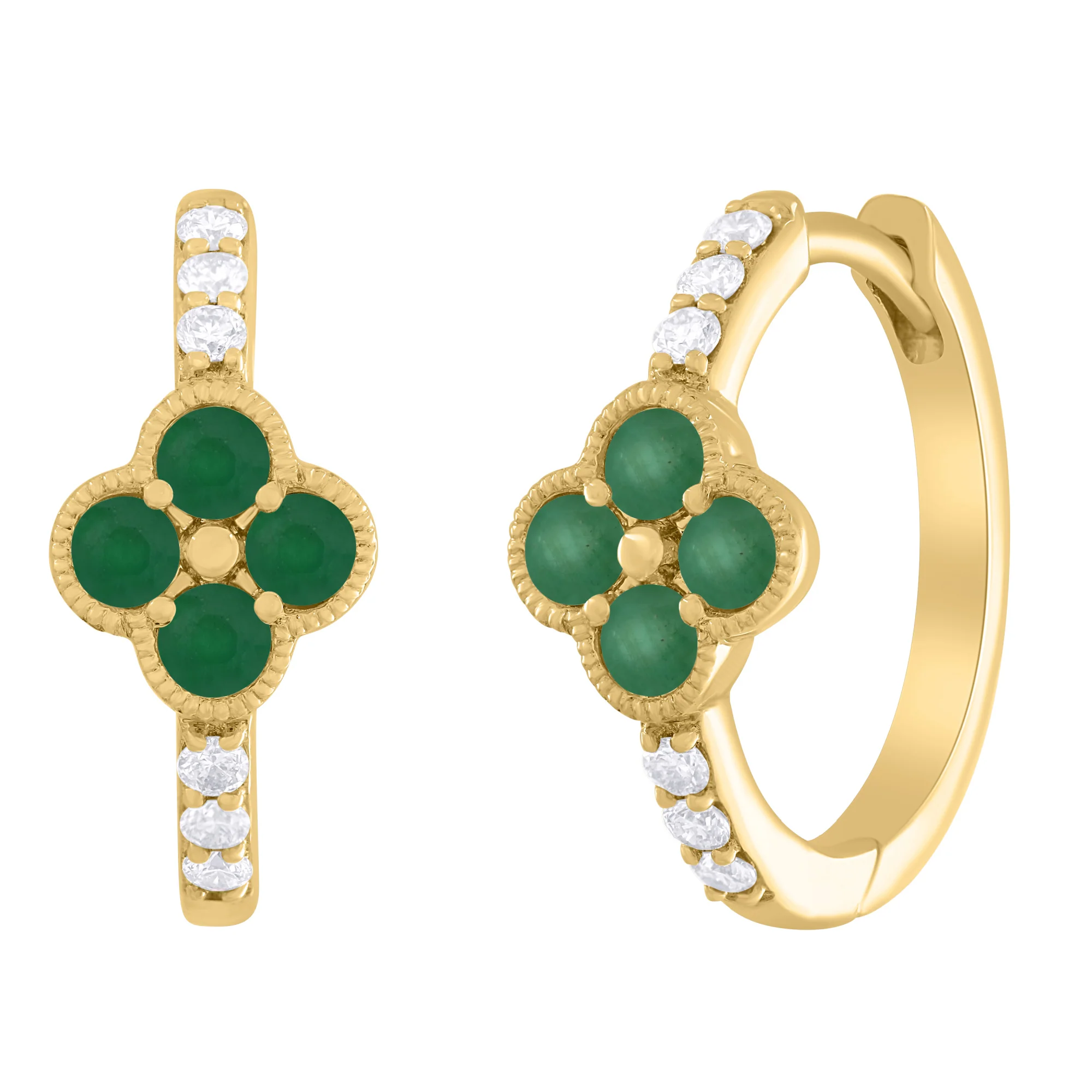 Diamond and Color Stone Clover Huggie Hoop Earrings - Image 7