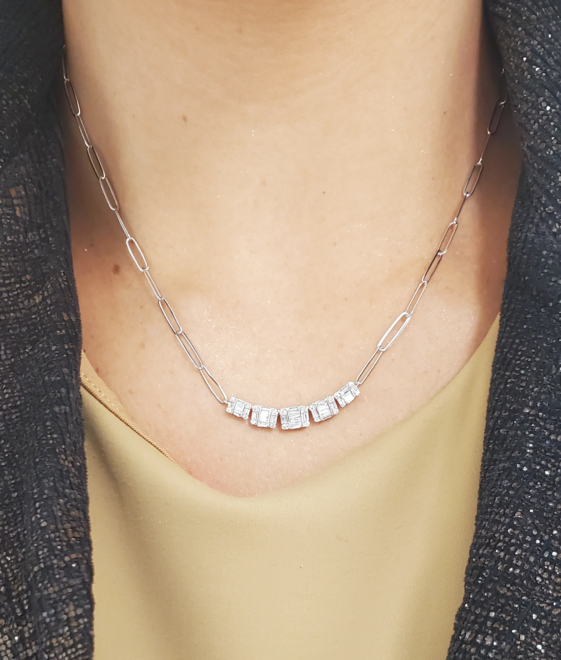 Diamond Baguette Curved Bar on Paperclip Necklace - Image 2