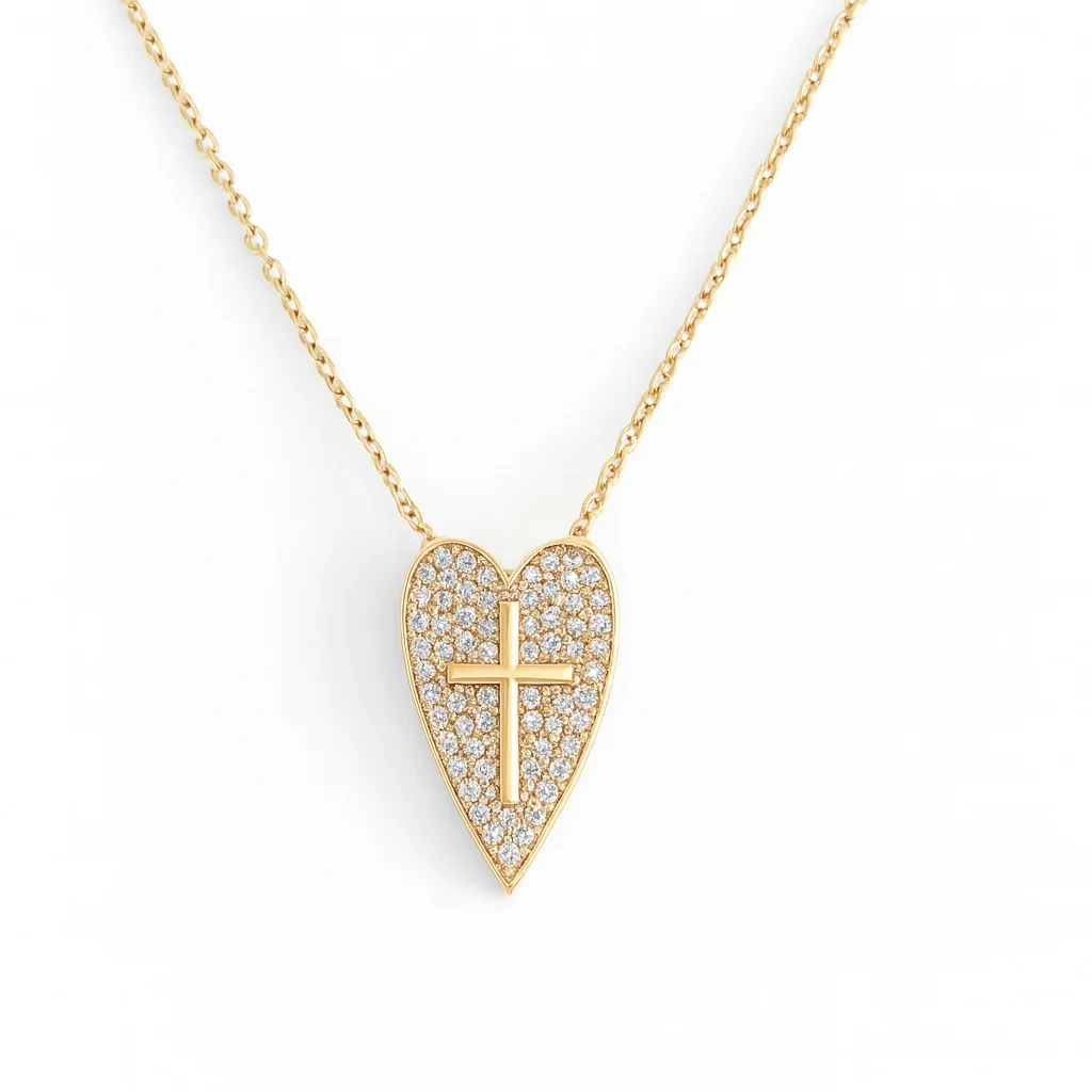 Diamond Pave Heart With Cross Center Necklace