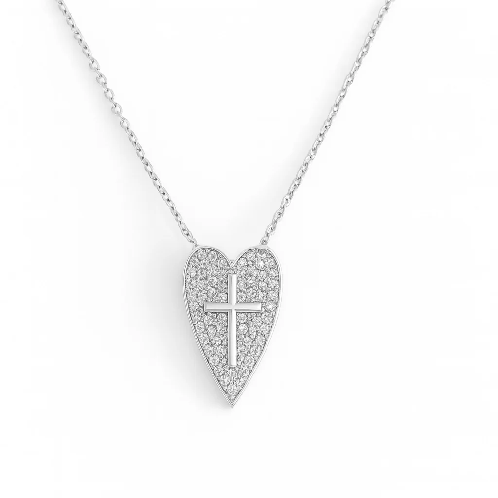 Diamond Pave Heart With Cross Center Necklace - Image 5