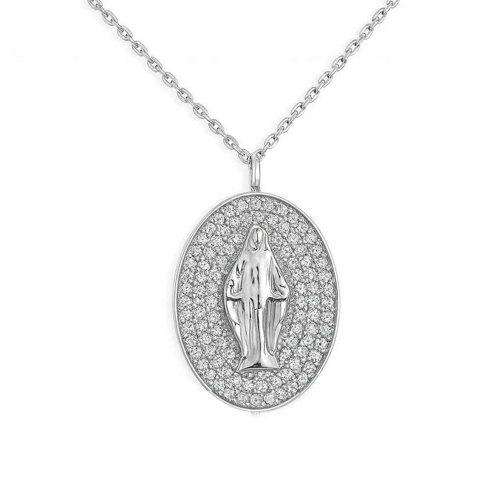Diamond Pave Miraculous Medal Necklace - Image 4