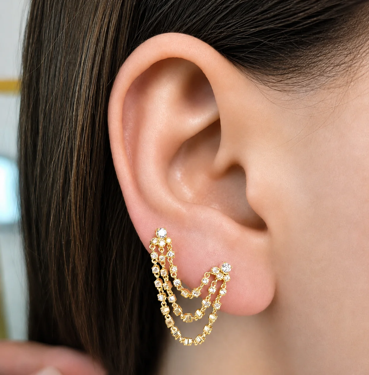 Diamond Triple Chain Stud Earring - Image 5