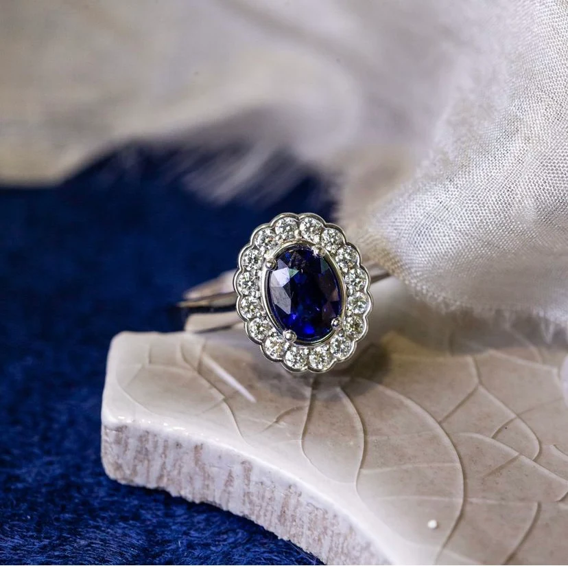 Diana Halo Blue Sapphire and Diamond Ring 14K White Gold - Image 4