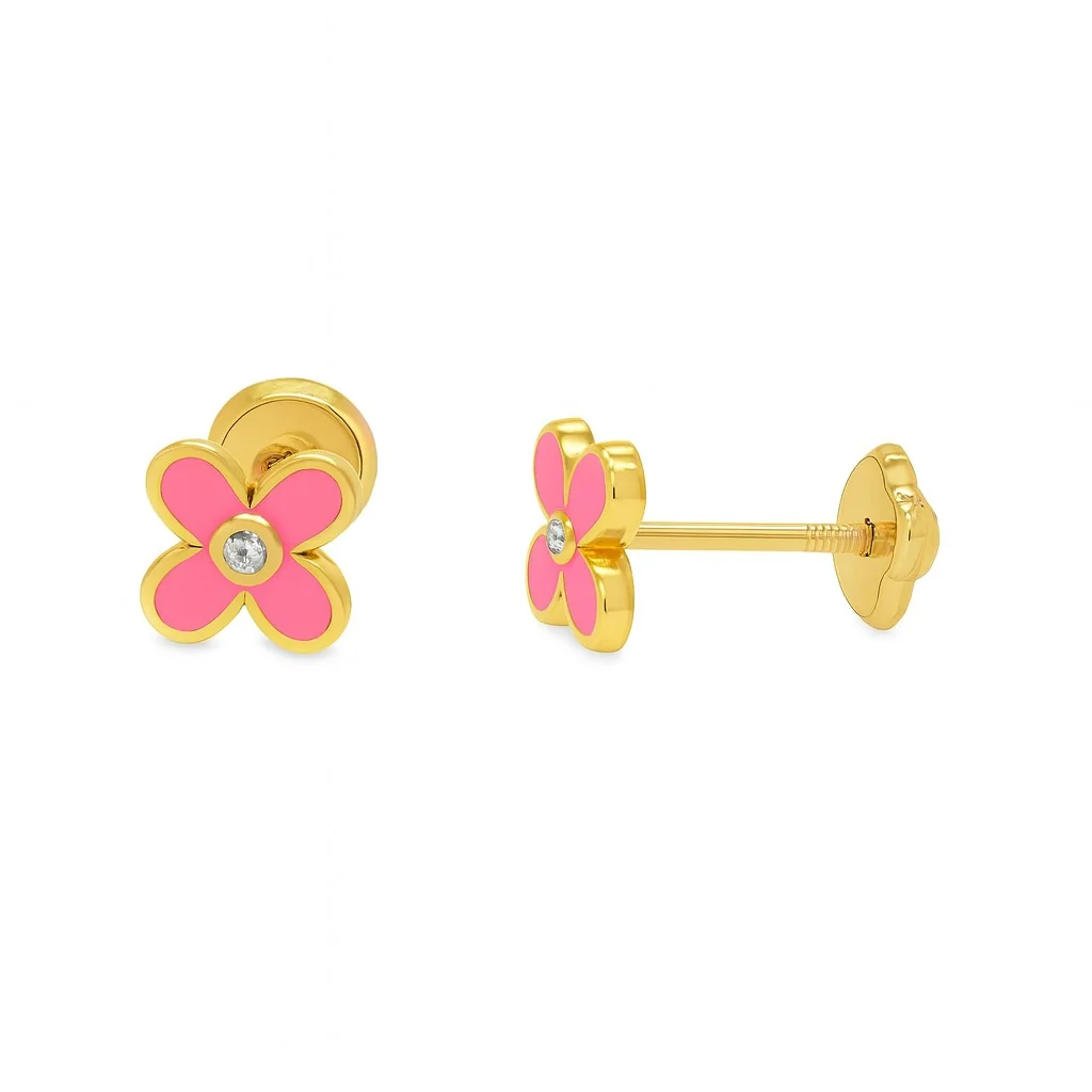 Enamel 4 Petal Flower Baby Earrings with CZ Center