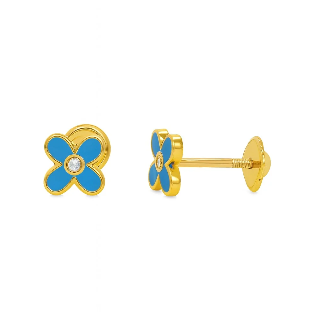 Enamel 4 Petal Flower Baby Earrings with CZ Center - Image 3