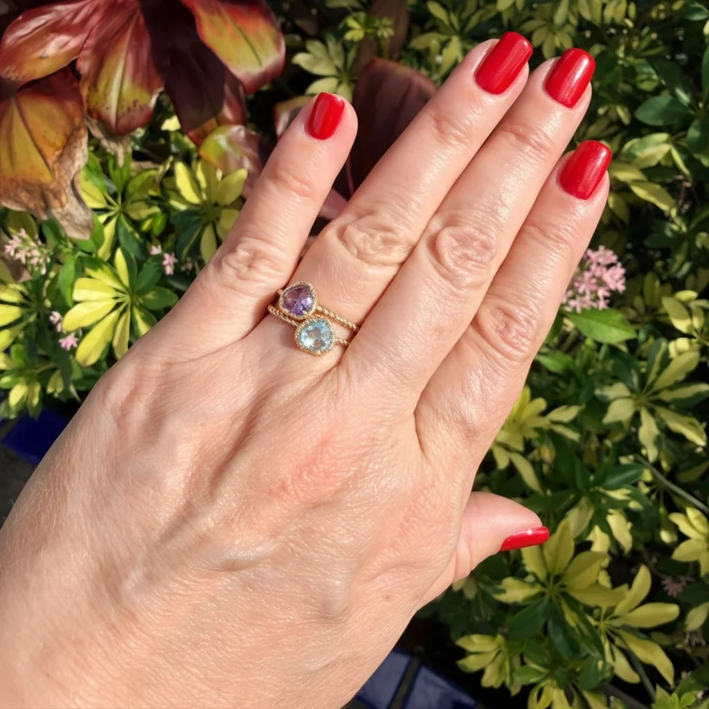 Heart Amethyst/Blue Topaz Gemstone Rope Halo Solitaire Ring - Image 2