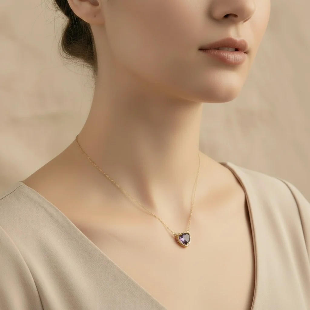 Heart Amethyst/Blue Topaz Gemstone Rope Halo Solitaire Necklace - Image 3