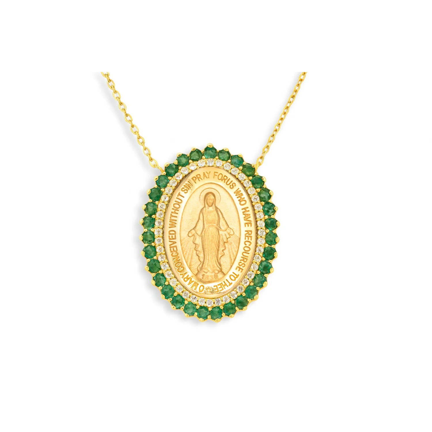 Large Miraculous Medal with Double Halo of Color Stones and Diamonds Necklace
