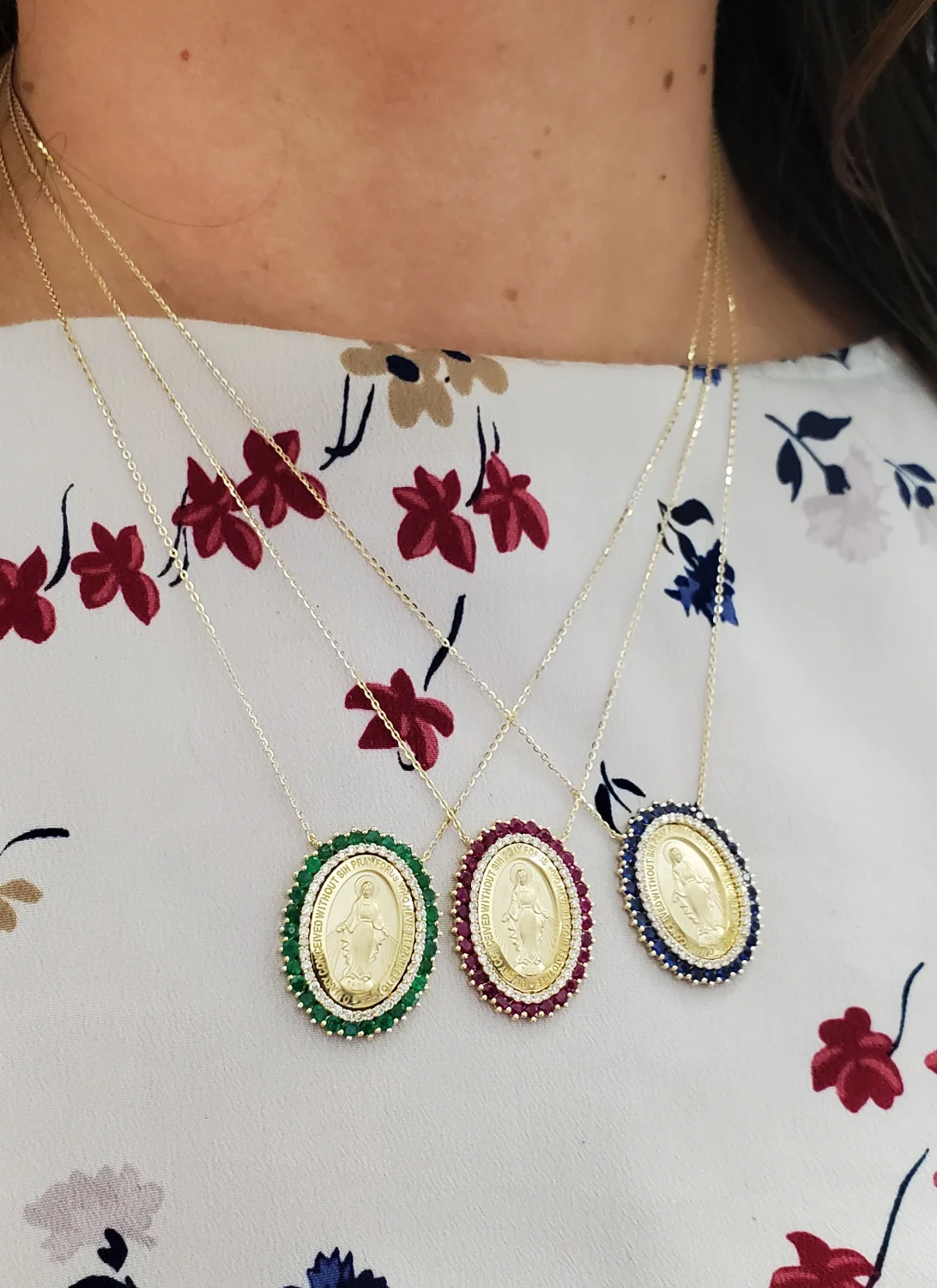 Large Miraculous Medal with Double Halo of Color Stones and Diamonds Necklace - Image 2