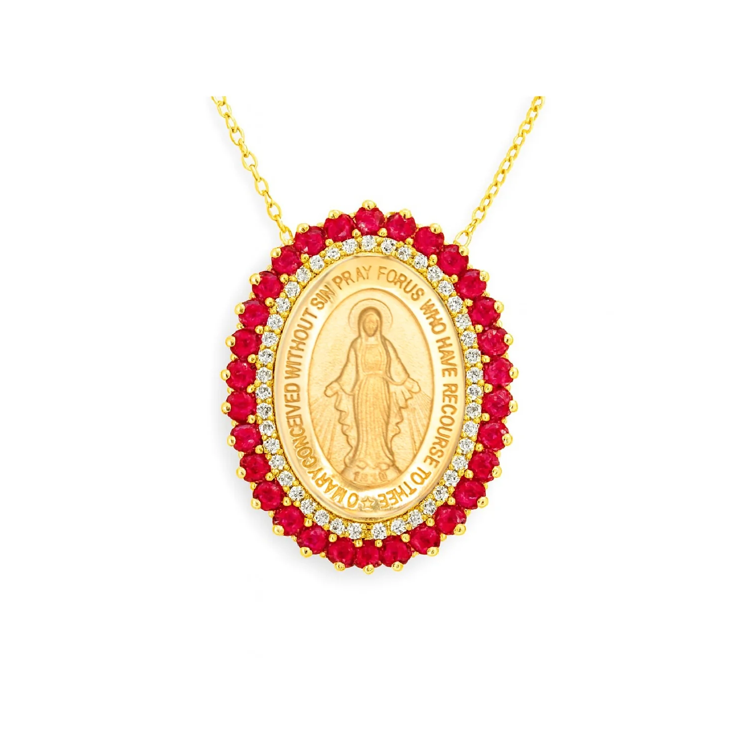 Large Miraculous Medal with Double Halo of Color Stones and Diamonds Necklace - Image 3