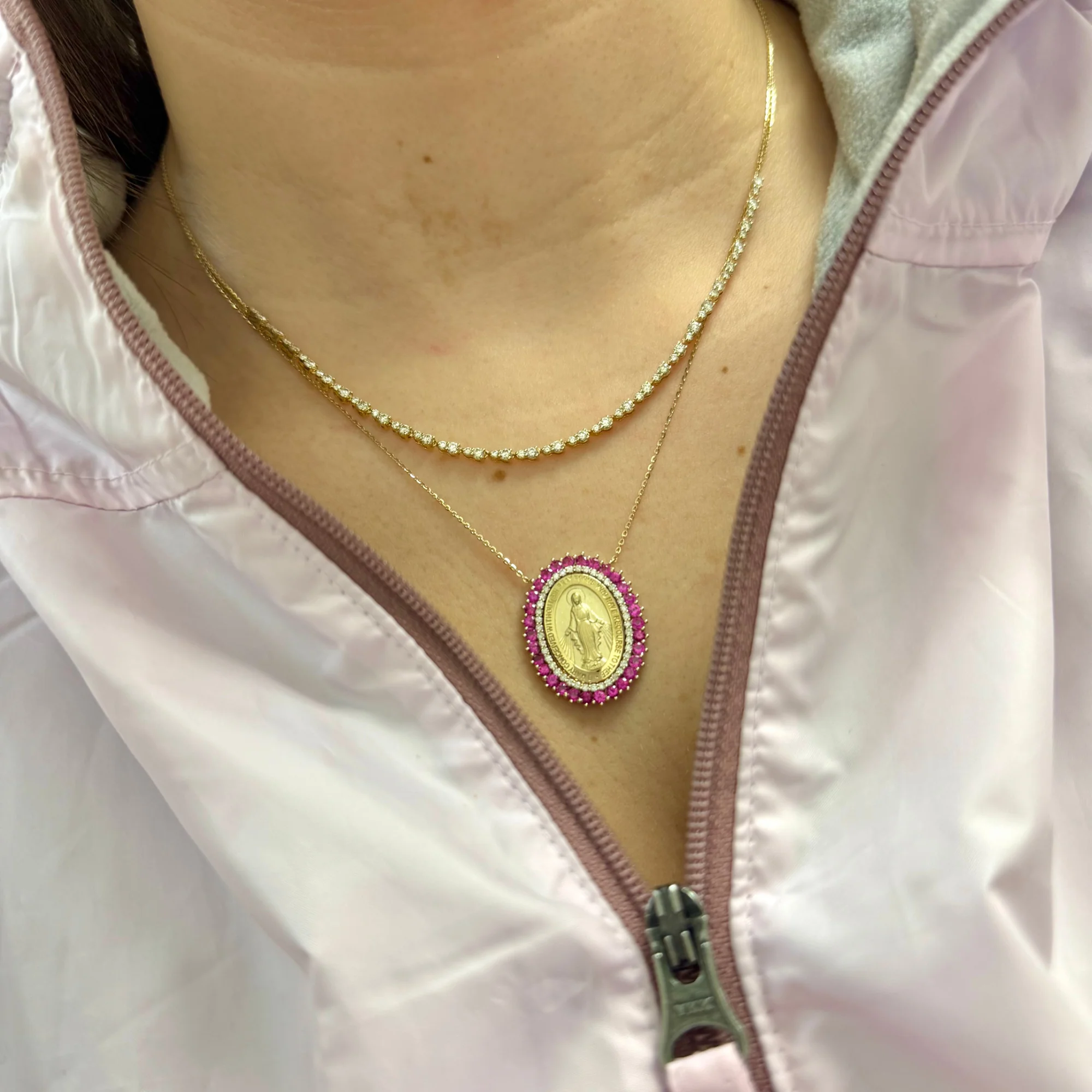 Large Miraculous Medal with Double Halo of Color Stones and Diamonds Necklace - Image 4