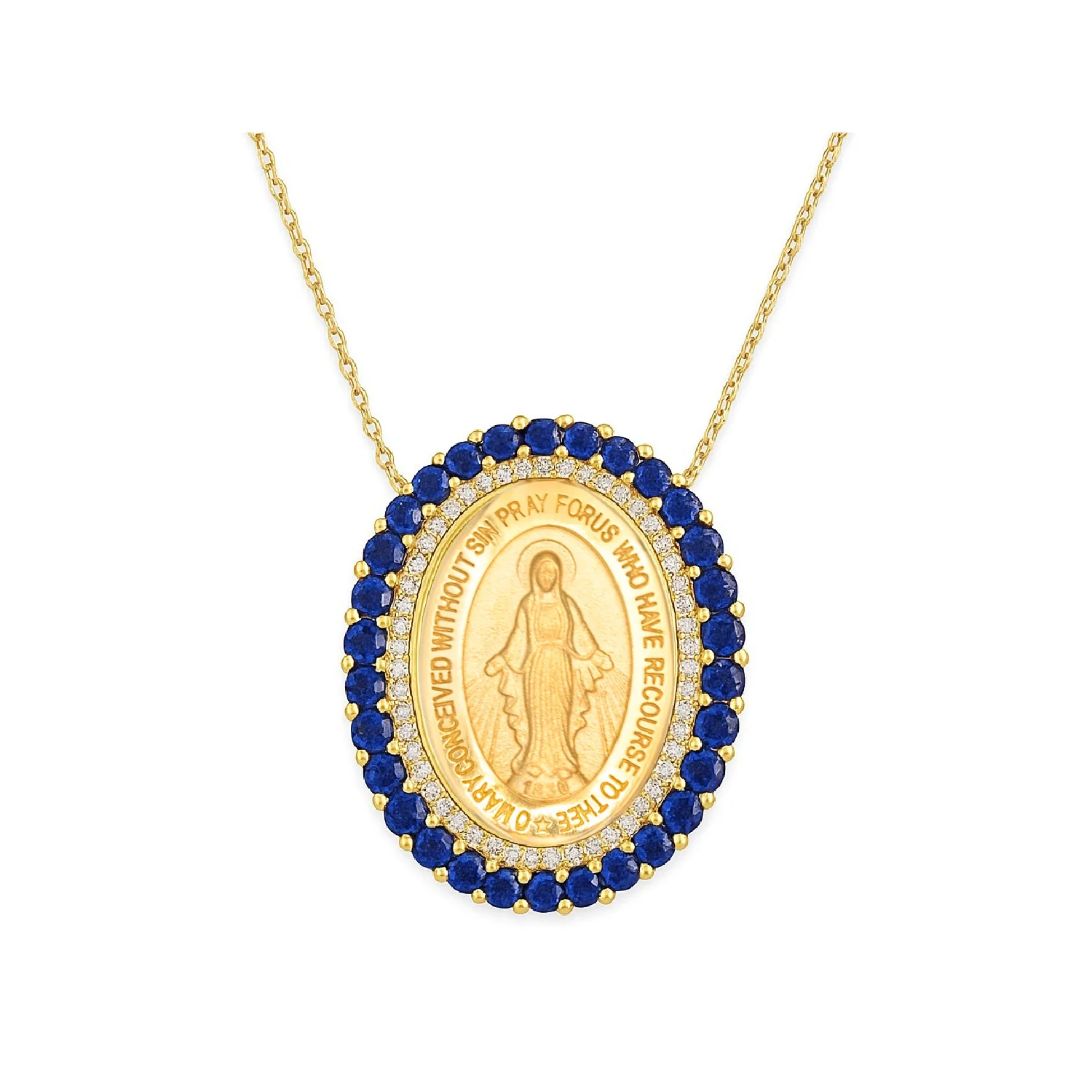 Large Miraculous Medal with Double Halo of Color Stones and Diamonds Necklace - Image 5