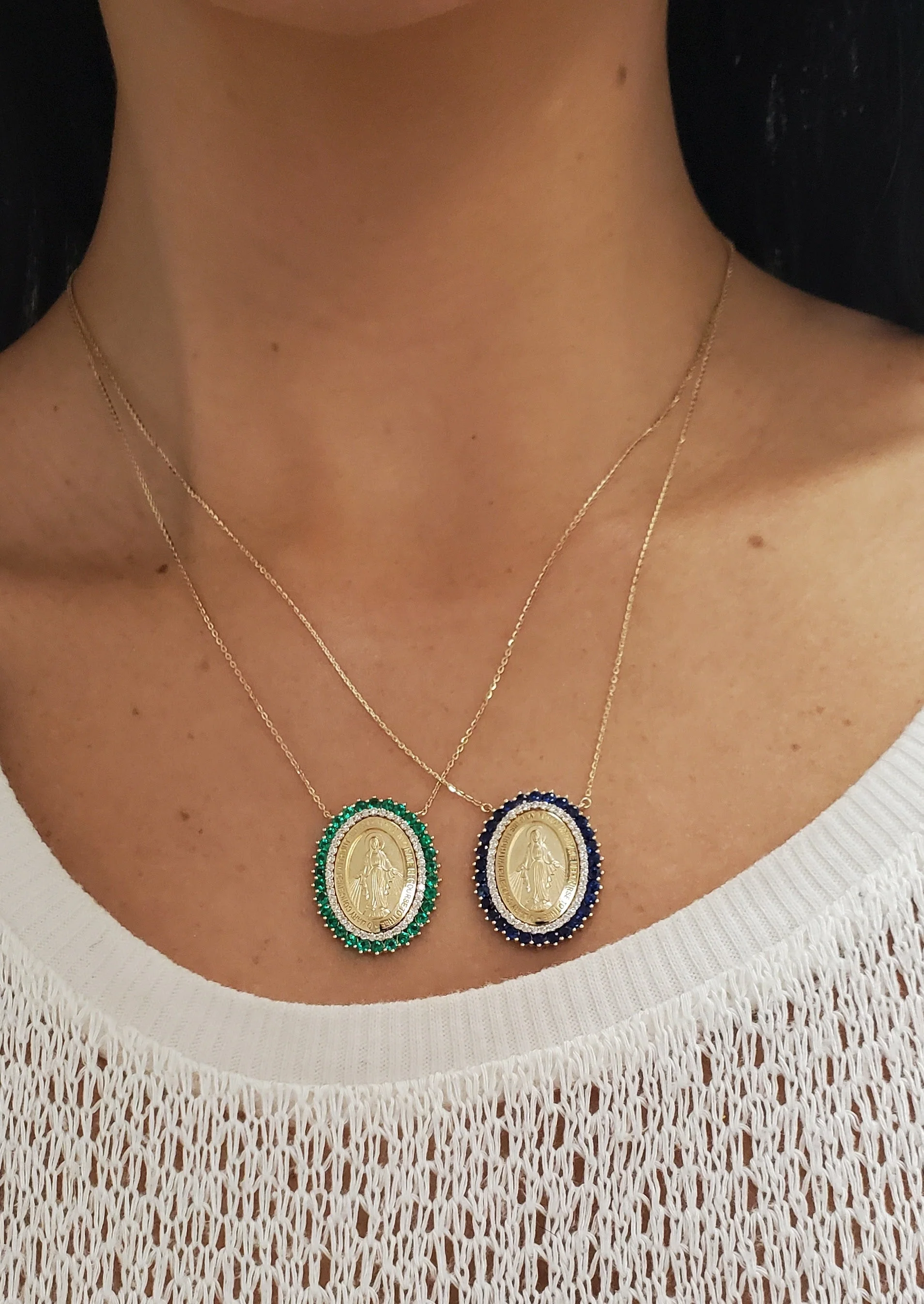 Large Miraculous Medal with Double Halo of Color Stones and Diamonds Necklace - Image 6
