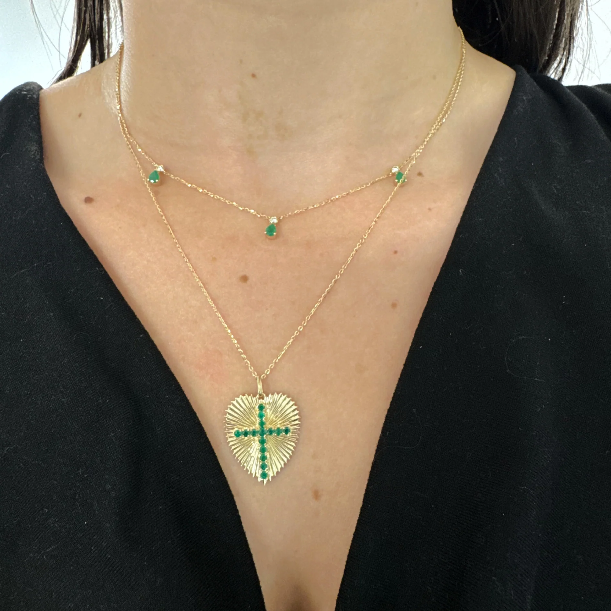 Large Radiating Gold Heart Medallion With Color Stone Cross Necklace - Image 2