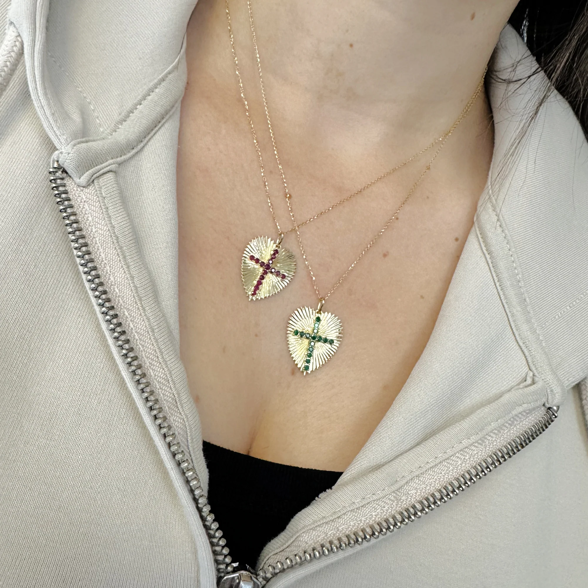 Large Radiating Gold Heart Medallion With Color Stone Cross Necklace - Image 3