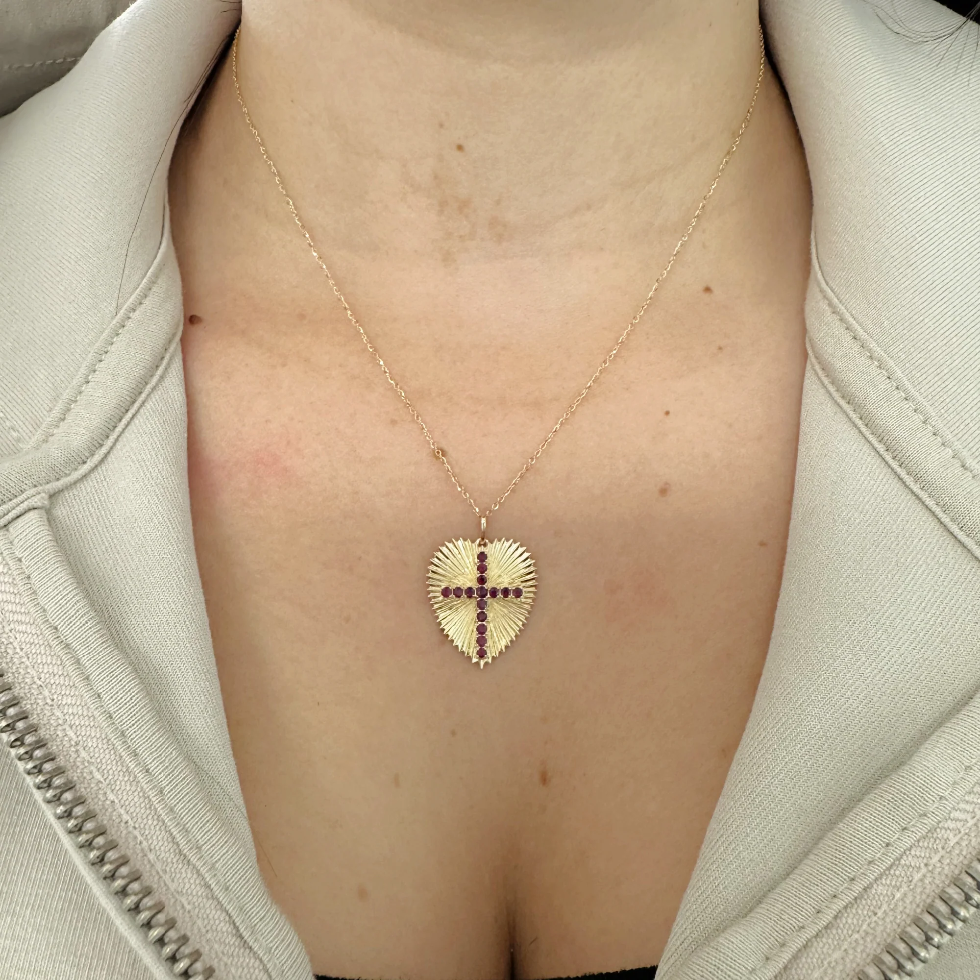 Large Radiating Gold Heart Medallion With Color Stone Cross Necklace - Image 4