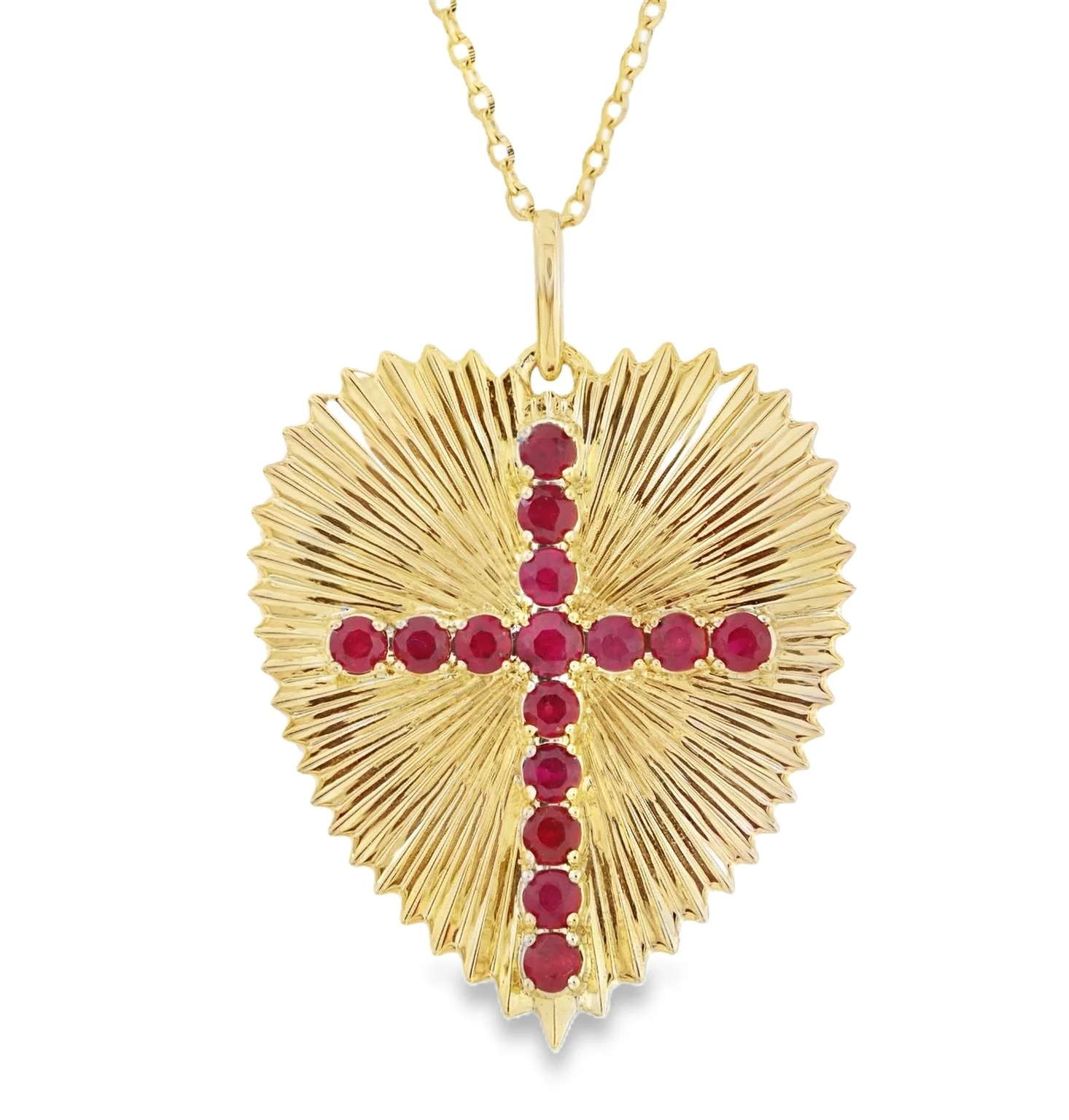 Large Radiating Gold Heart Medallion With Color Stone Cross Necklace - Image 6