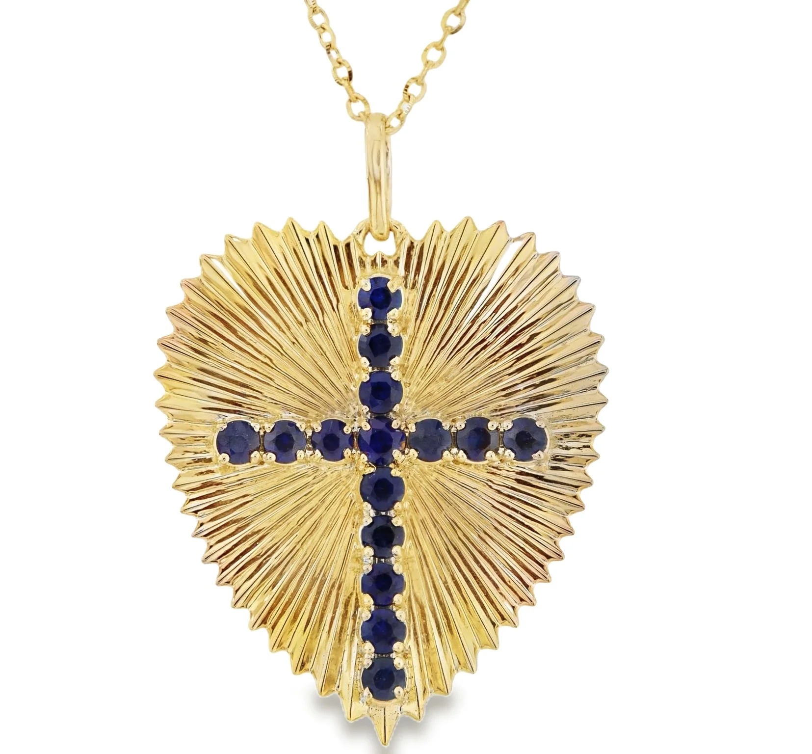 Large Radiating Gold Heart Medallion With Color Stone Cross Necklace - Image 7