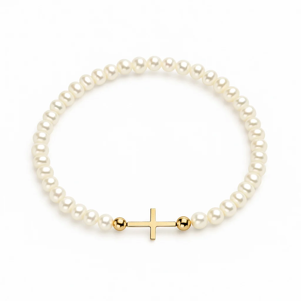 Mini Gold Cross Freshwater Pearl Elastic Bracelet