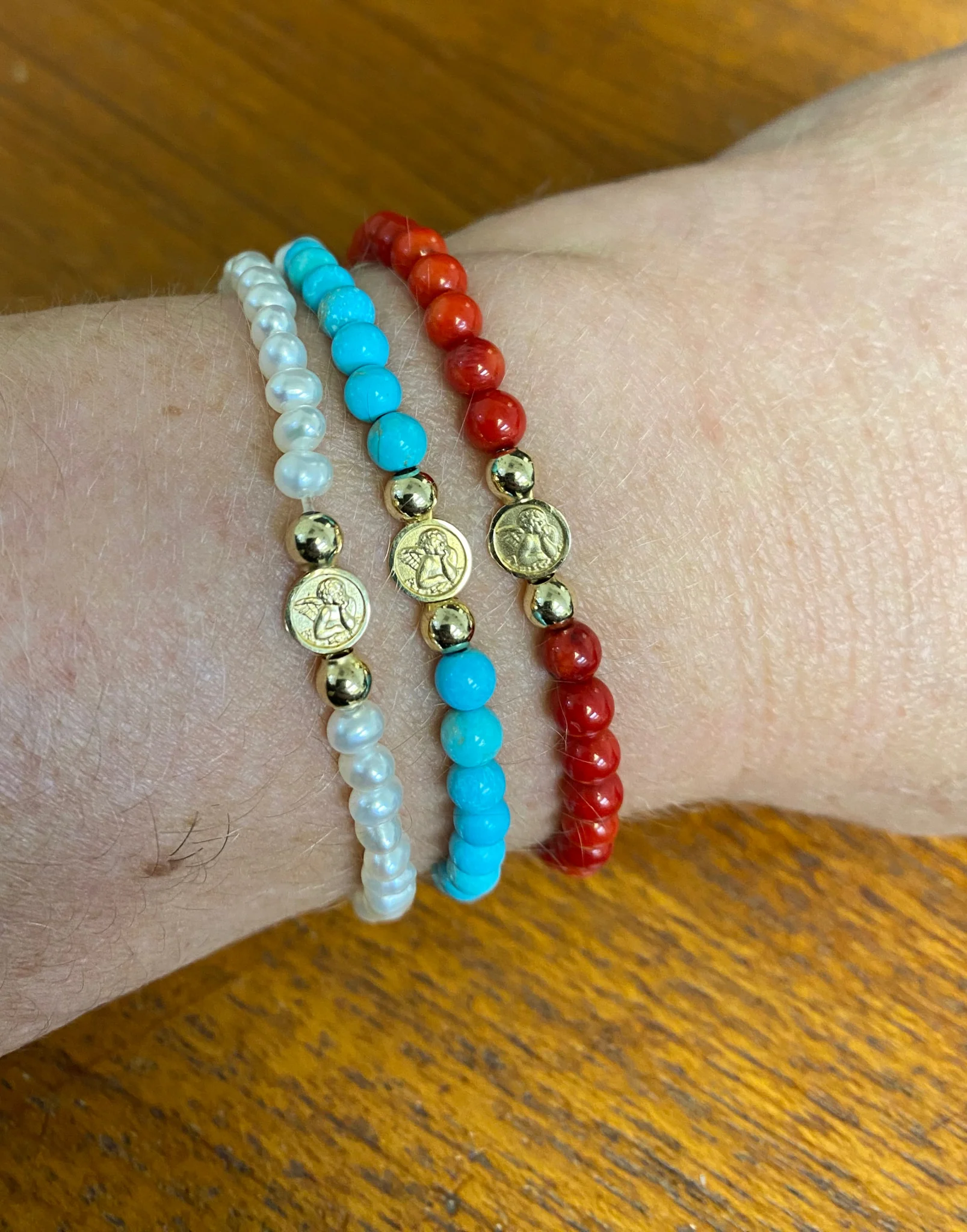Mini Guardian Angel Pearl Turquoise Coral Elastic Bracelet 6mm - Image 4