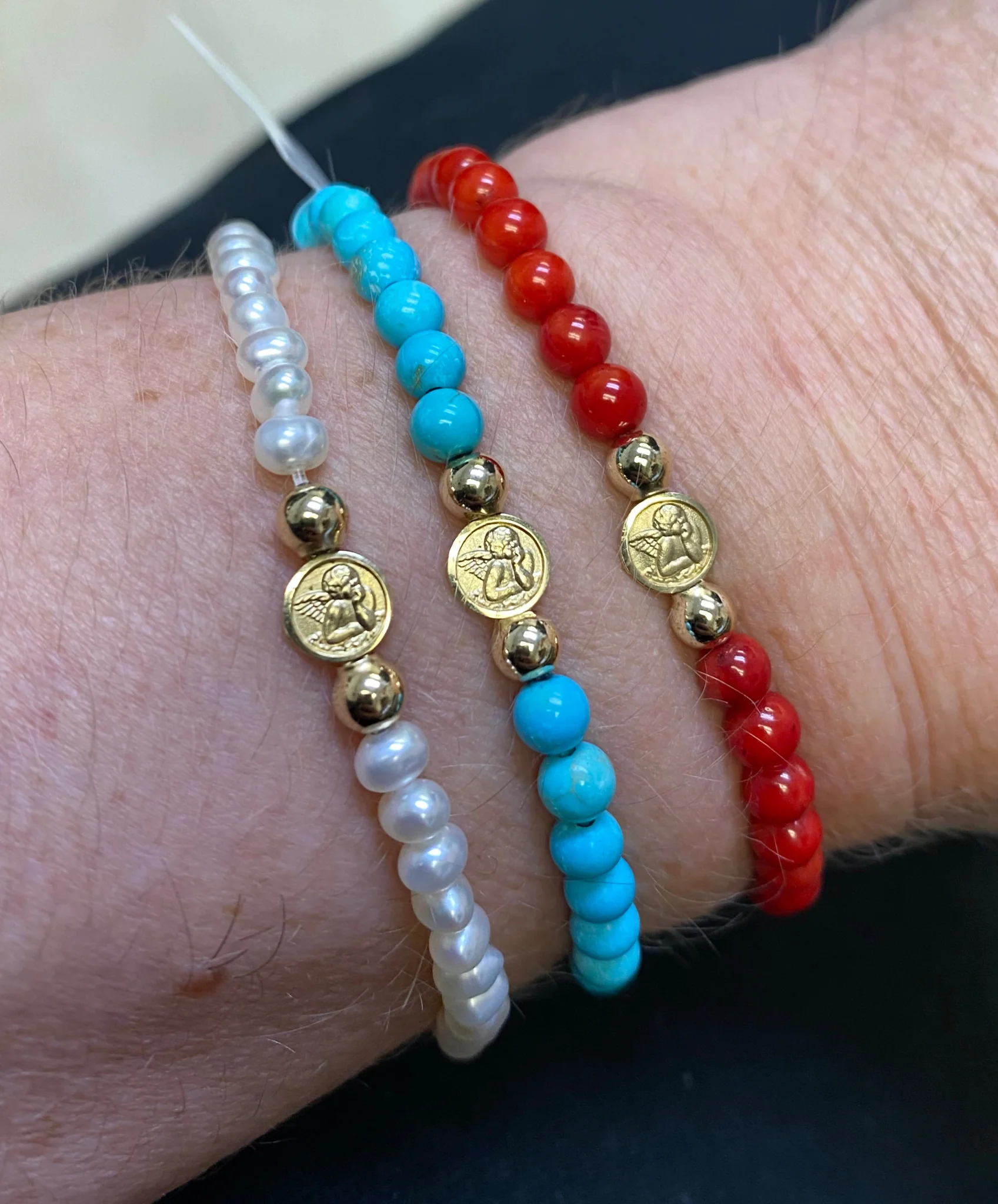 Mini Guardian Angel Pearl Turquoise Coral Elastic Bracelet 6mm - Image 5